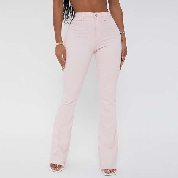 

Curvy High Waist Flare Leg Jeans, Baby pink