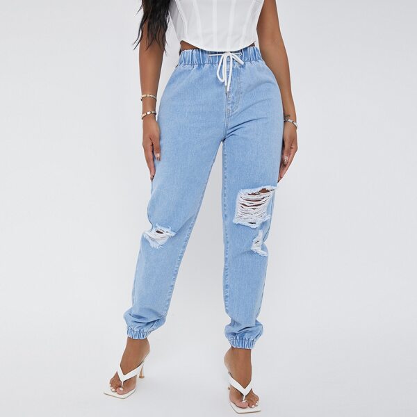 

Drawstring Waist Ripped Jogger Jeans, Light wash