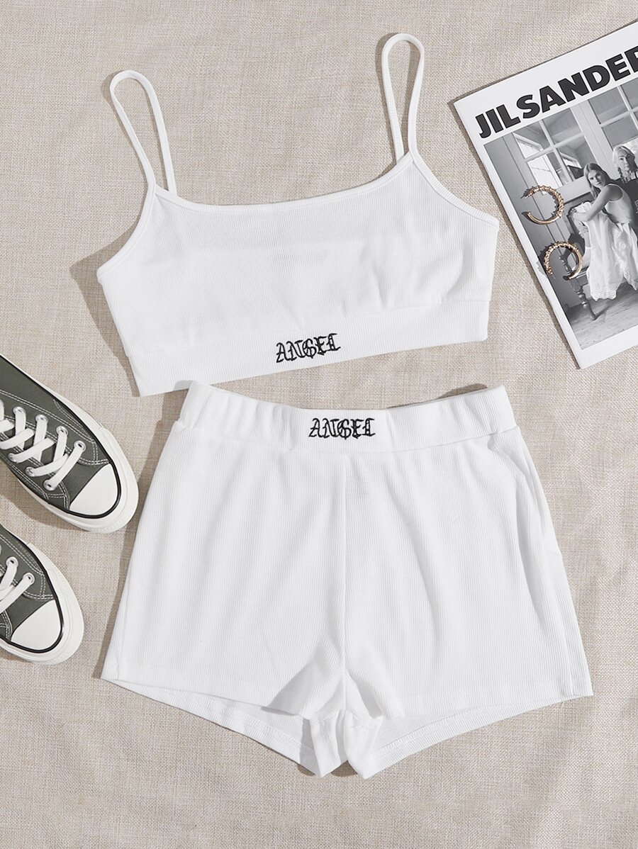 SHEIN EZwear Letter Embroidered Cami Top & Shorts Set - White - View 1