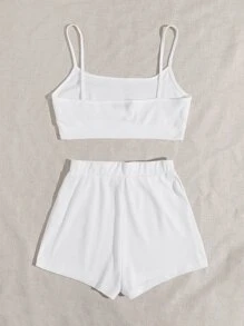 SHEIN EZwear Letter Embroidered Cami Top & Shorts Set - White - View 2