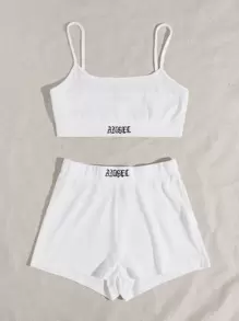 SHEIN EZwear Letter Embroidered Cami Top & Shorts Set - White - View 3