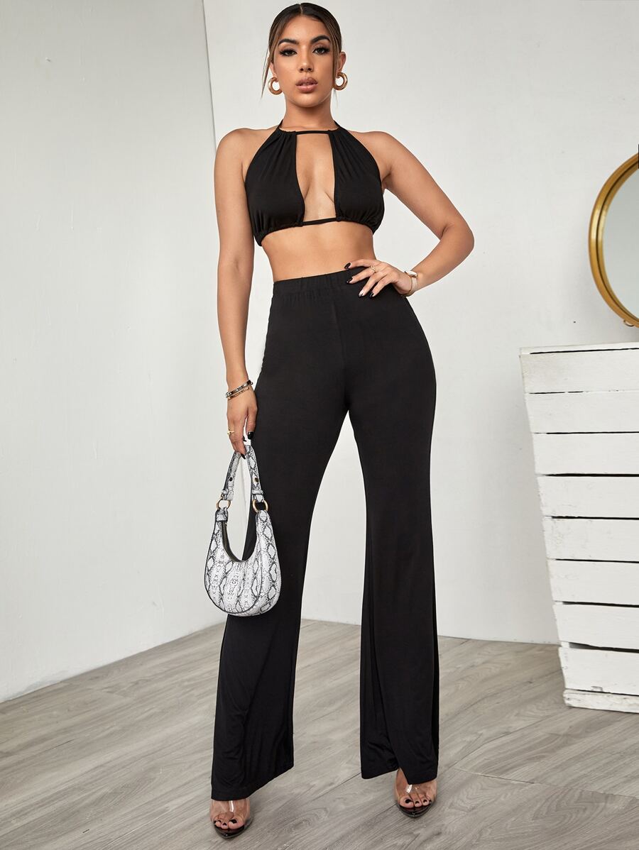 SHEIN Tie Backless Halter Top & Pants Set - Black - View 1