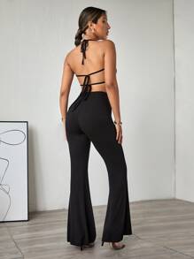 SHEIN Tie Backless Halter Top & Pants Set - Black - View 2