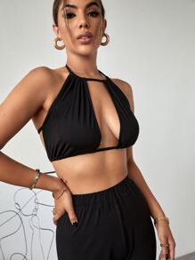 SHEIN Tie Backless Halter Top & Pants Set - Black - View 3