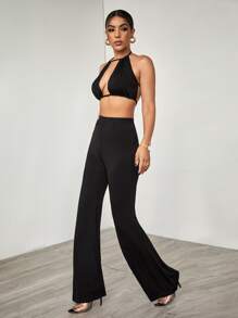 SHEIN Tie Backless Halter Top & Pants Set - Black - View 5