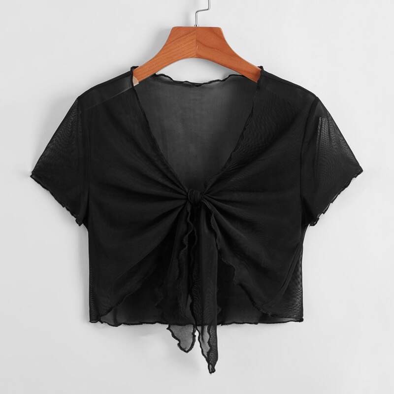 

Solid Mesh Tie Front Top, Black
