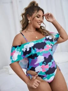 Plus Tie Dye Flounce One Piece Swimsuit - Multicolor - View 1