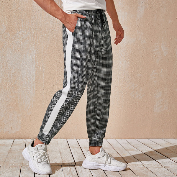

Men Contrast Sideseam Plaid Joggers, Blue and white