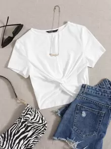 Muchica Twist Hem Solid Tee - White - View 1