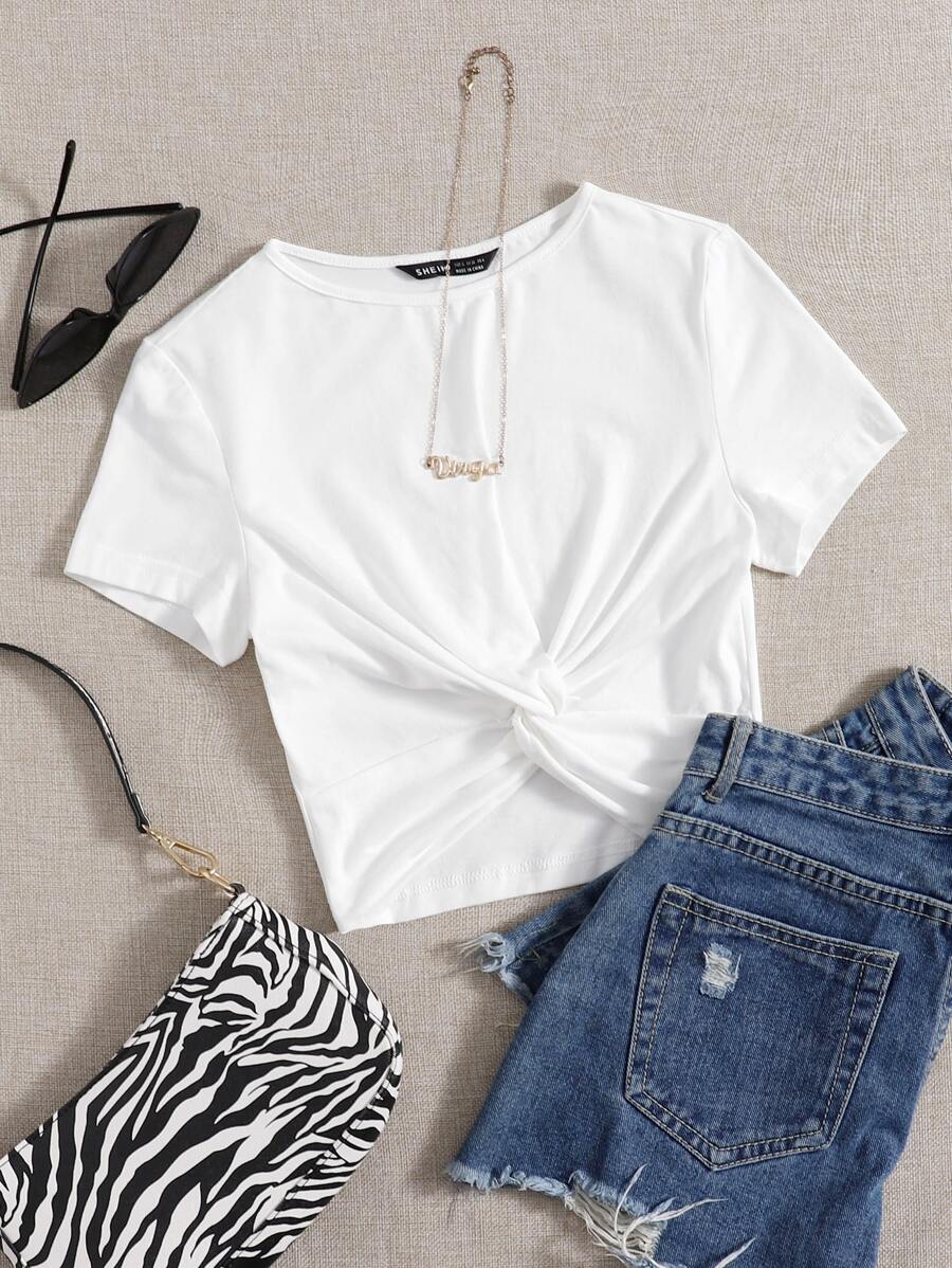 Muchica Twist Hem Solid Tee - White - View 1