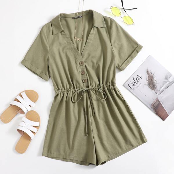 

Drawstring Waist Shirt Romper, Army green
