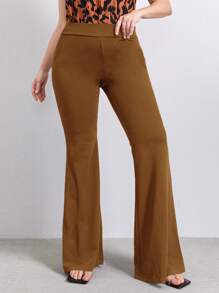 SHEIN Privé Plus Solid Flare Leg Trousers - Brown - View 1