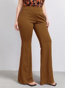 SHEIN Privé Plus Solid Flare Leg Trousers - Brown - View 3