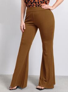 SHEIN Privé Plus Solid Flare Leg Trousers - Brown - View 4