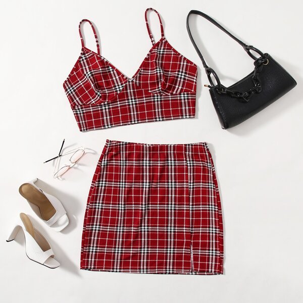 

Plus Plaid Crop Cami Top & Skirt Set, Burgundy