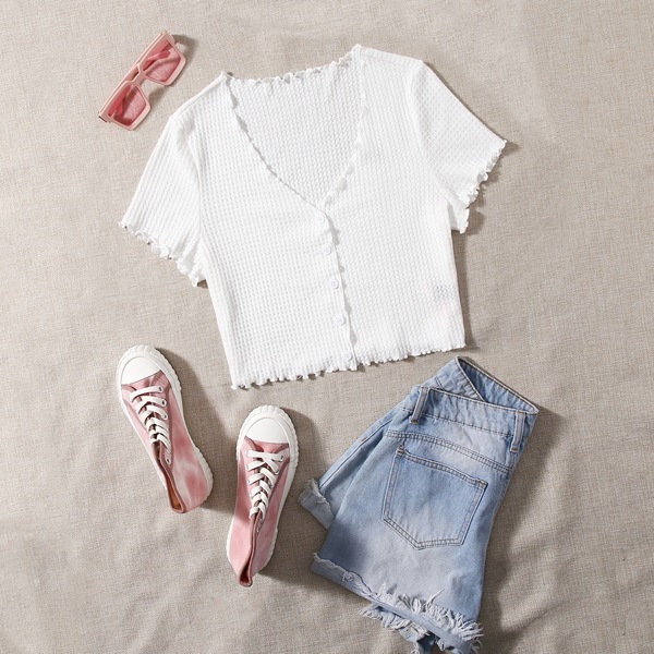 

Plus Lettuce Trim Waffle Knit Tee, White