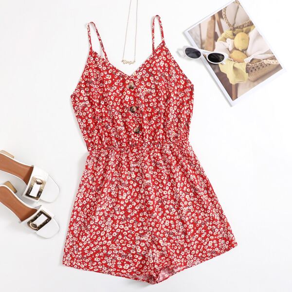 

Plus Ditsy Floral Button Front Slip Romper, Red