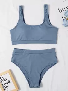 Bikini de cuello cuadrado acanalado para vacaciones de verano en la playa - Neblina azul - Ver 1