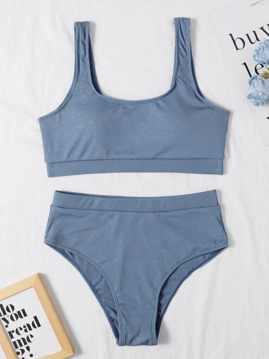 Bikini de cuello cuadrado acanalado para vacaciones de verano en la playa - Neblina azul - Ver 1
