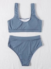 Bikini de cuello cuadrado acanalado para vacaciones de verano en la playa - Neblina azul - Ver 2