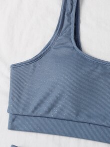 Bikini de cuello cuadrado acanalado para vacaciones de verano en la playa - Neblina azul - Ver 3