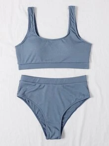 Bikini de cuello cuadrado acanalado para vacaciones de verano en la playa - Neblina azul - Ver 4
