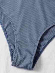Bikini de cuello cuadrado acanalado para vacaciones de verano en la playa - Neblina azul - Ver 5