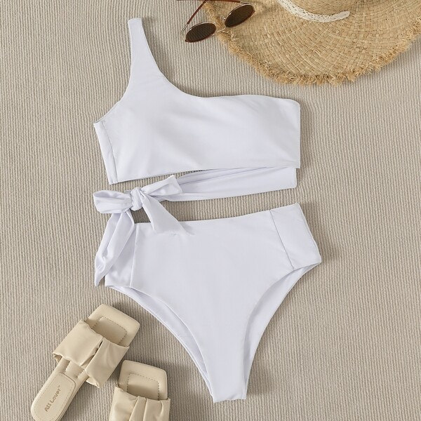 

Knot Side One Shoulder Bikini Swimsuit, White