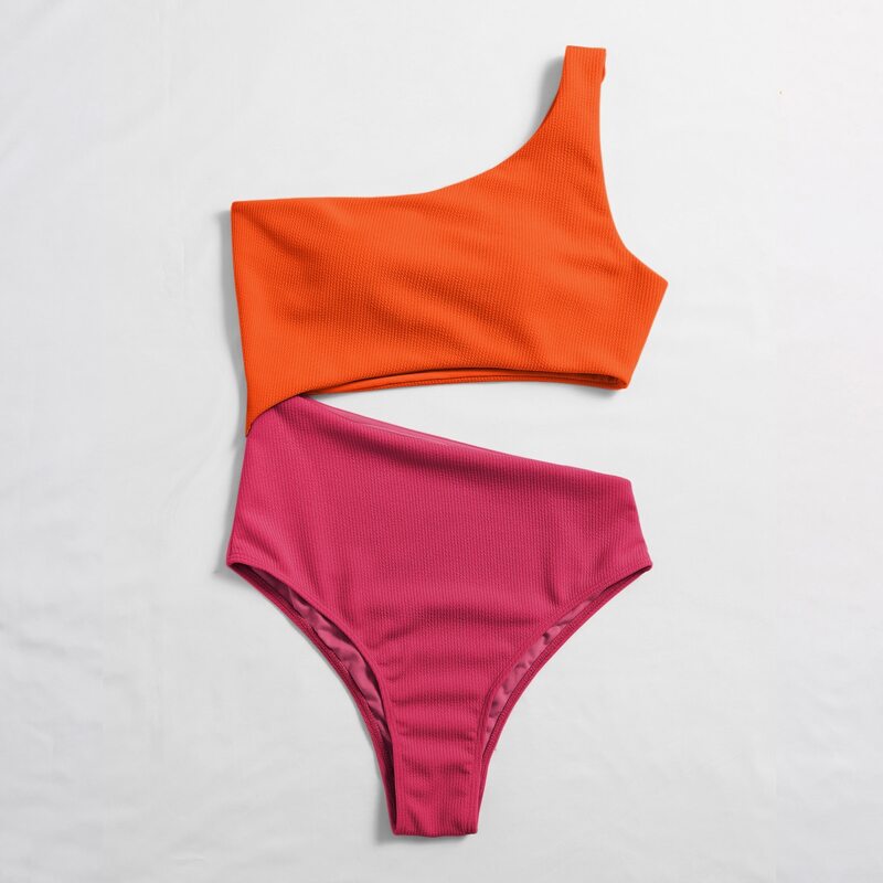 

Two Tone Rib One Shoulder One Piece Swimsuit, Multicolor
