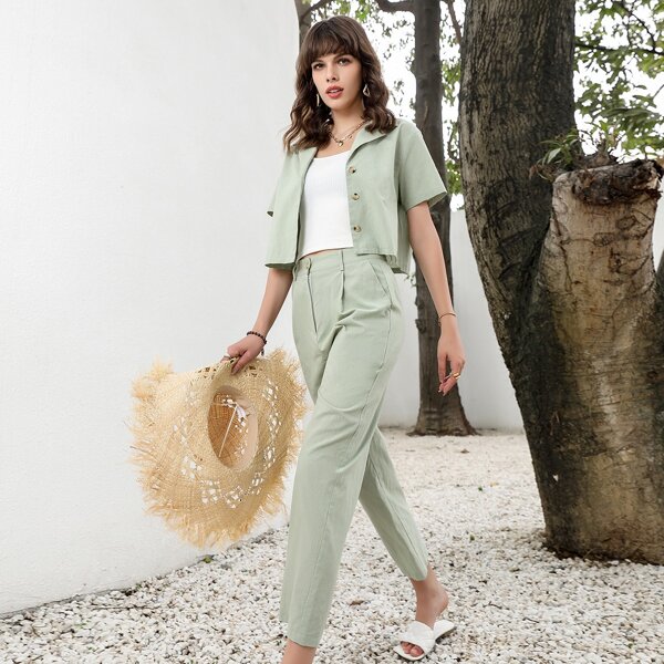 

Solid Lapel Neck Blazer & Tailored Pants, Mint green