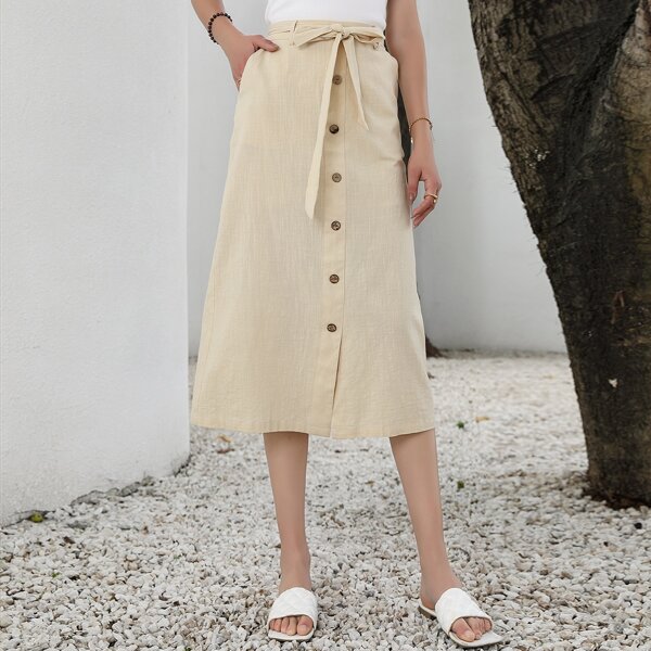 

Button Front Self Tie Skirt, Beige