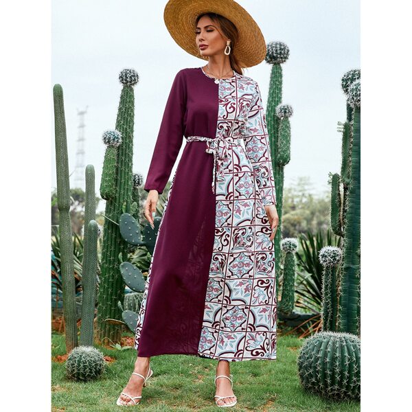 

Graphic Print Self Tie Tunic Dress, Multicolor