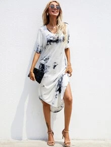 Tie Dye Tee Dress - White - View 5