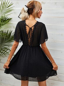 SHEIN Frenchy Tie Back Lace Panel Swiss Dot Dress Summer Black Beach - Black - View 1