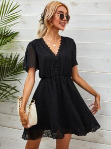 SHEIN Frenchy Tie Back Lace Panel Swiss Dot Dress Summer Black Beach - Black - View 2