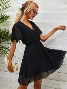 SHEIN Frenchy Tie Back Lace Panel Swiss Dot Dress Summer Black Beach - Black - View 3