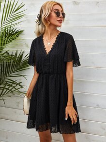 SHEIN Frenchy Tie Back Lace Panel Swiss Dot Dress Summer Black Beach - Black - View 5