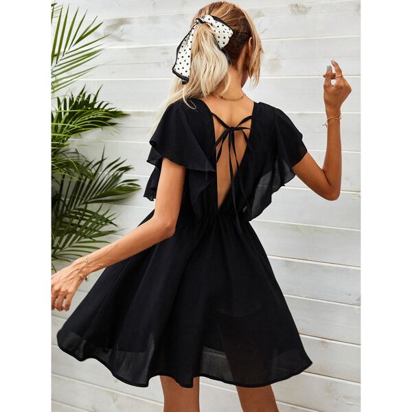 

Backless Ruffle Trimed A-line Dress, Black