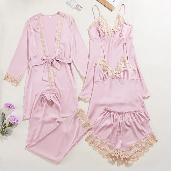 

5pcs Contrast Lace Belted Satin Robe Set, Pink