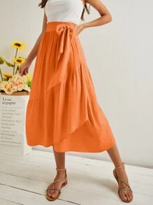 Falda bajo con fruncido con cordón lateral unicolor - Naranja - Ver 1