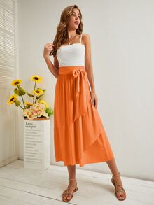 Falda bajo con fruncido con cordón lateral unicolor - Naranja - Ver 5