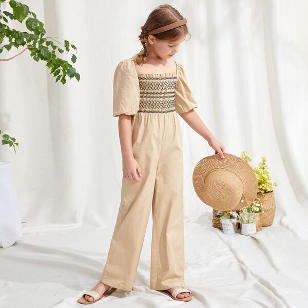 

Girls Square Neck Puff Sleeve Jumpsuit, Khaki