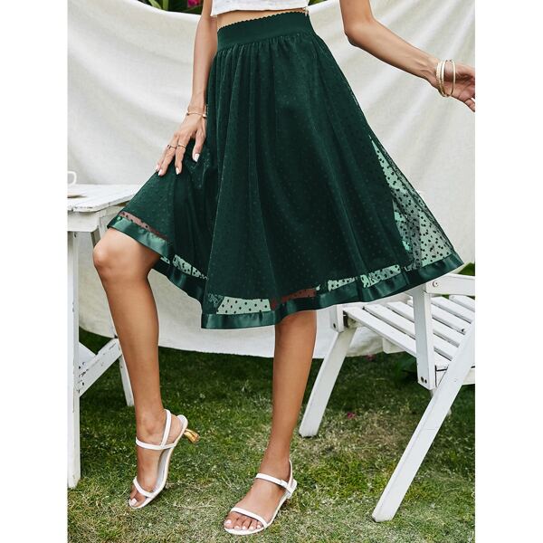 

Mesh Overlay Flared Skirt, Dark green
