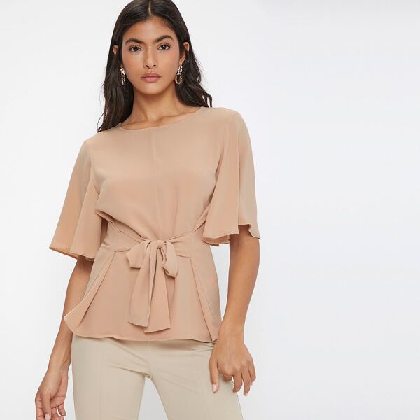 

Butterfly Sleeve Tie Front Top, Coral pink