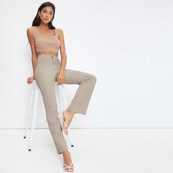 

Zipper Fly Solid Pants, Khaki