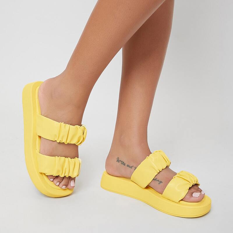 

Faux Leather Ruched Strap Slip-On Sandals, Yellow
