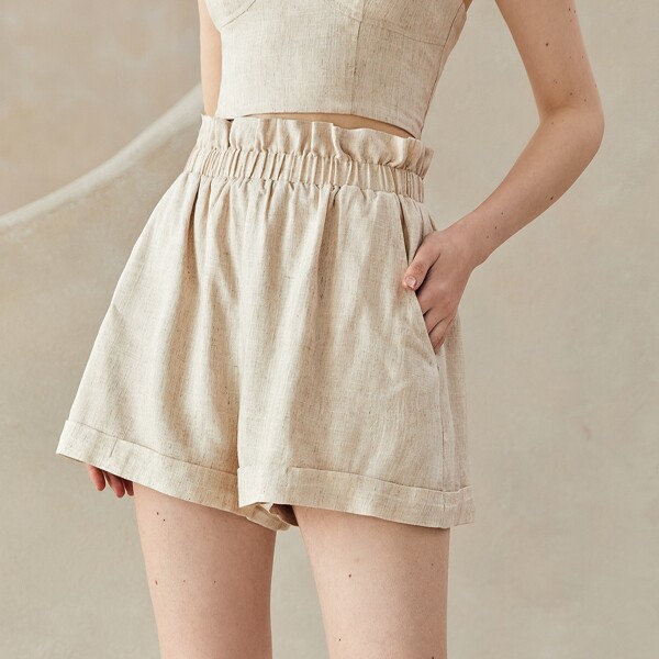 

Paperbag Waist Rolled Hem Shorts, Apricot