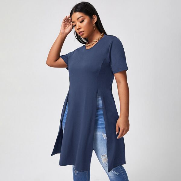 

Plus High Split Longline Tee, Dusty blue
