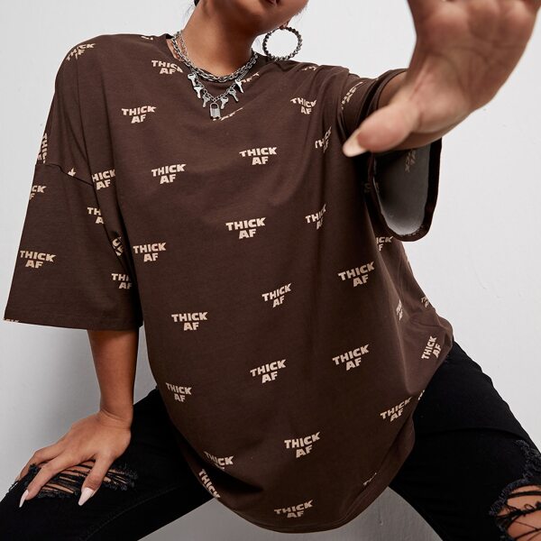 

Plus Drop Shoulder Letter Graphic Tee, Coffee brown