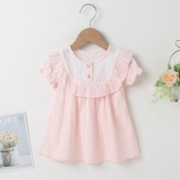 

Baby Girl Eyelet Embroidery Panel Ruffle Trim Dress, Baby pink